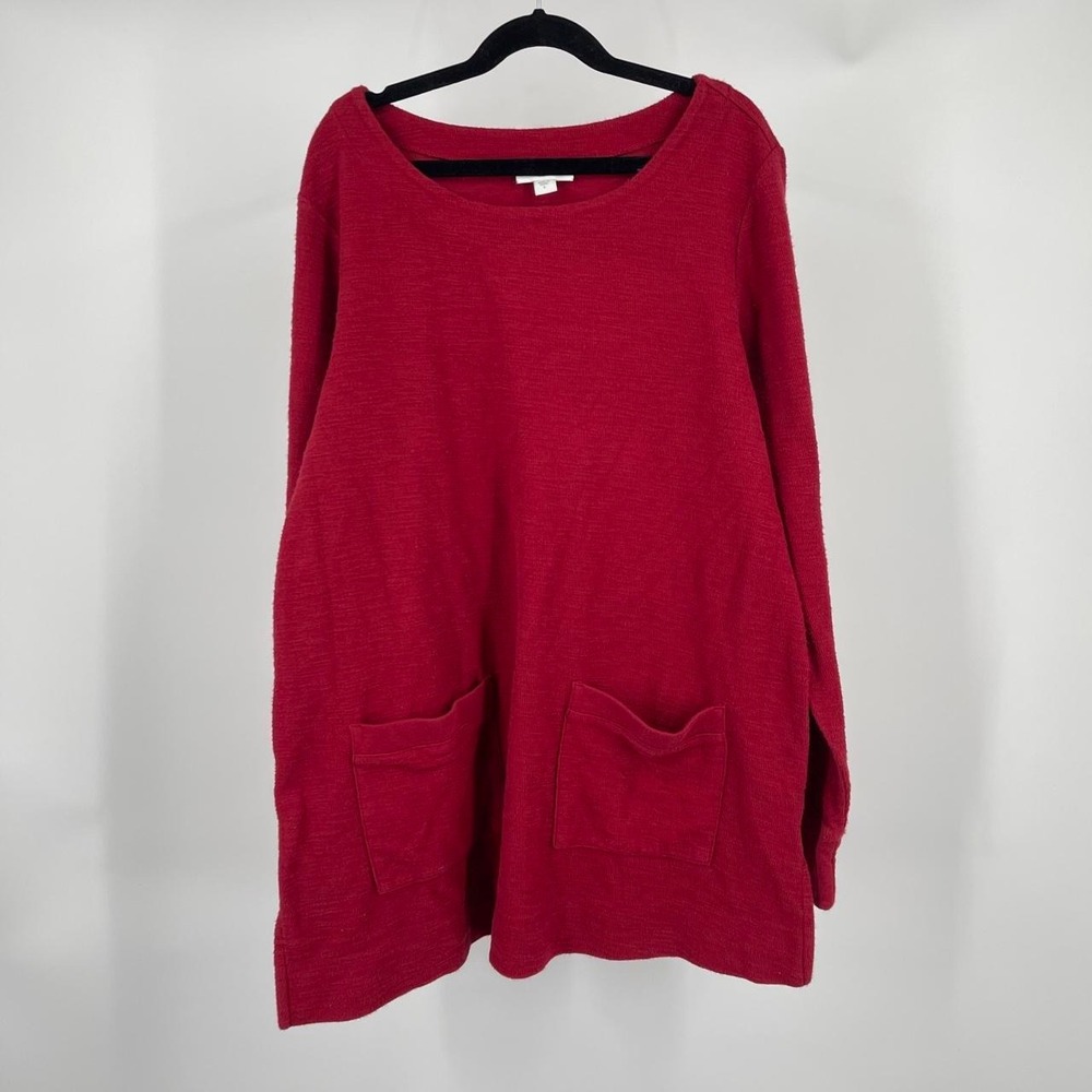 J Jill Oversized Long Sleeve Tunic Top Red Small Casual Slub Knit Pockets Fall